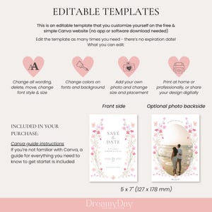 Op de afbeelding: Bewerkbare sjabloon voor een save-the-date-kaart met een bloemmotief. De voorkant heeft een roze bloemkrans met de tekst "Save the Date" en de namen van het paar. De achterkant heeft een foto van een stel op het strand met een bloemrand. De sjabloon is 12,7 x 17,8 cm (5 x 7 inch) groot.