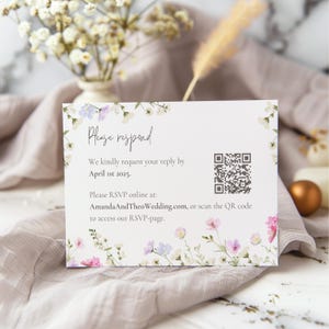 Convite de casamento de flores silvestres RSVP, RSVP pastel com código QR, cartão de resposta de casamento, RSVP de casamento para impressão, cartão de anexo de convite | FP1