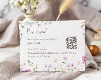 Wildflower Wedding Invitation RSVP, Pastel RSVP With QR Code, Wedding Response Card, Printable Wedding Rsvp, Invitation Enclosure Card | FP1