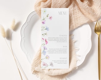 Wildflower Wedding Menu, Floral Wedding Menu Template, Customizable Digital Template, Pastel Buffet Menu, Printable Menu | FP1
