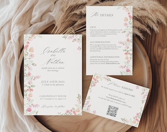 Pink Floral Wedding Invitation Set | Customizable Digital Templates | Pastel Wildflower Invite Suite | Spring Flowers | PW1