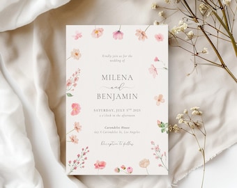 Wildflower Wedding Invitation, Blush Pink Invitation Template, Spring Wedding Invitation, Pink Floral Frame, Sage Blush Rose, BR1