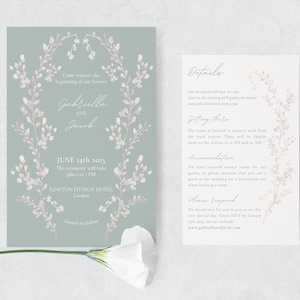 Suite de faire-part de mariage vert sauge | Modèle numérique personnalisable | Carte d'invitation Jardin secret avec détails, Vert émeraude | 5 x 7 po.