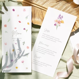 Wildblumen-Hochzeitsmenü, anpassbare digitale Vorlage, Blumen-Hochzeitsmenü, Pastellblumen-Menü, Buffet-Menükarte | EB1