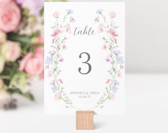 Wildflower Wedding Table Numbers Template, Pastel Wildflower Sign, Printable Table Numbers, Floral Wreath, Wedding Table Numbers | FP1