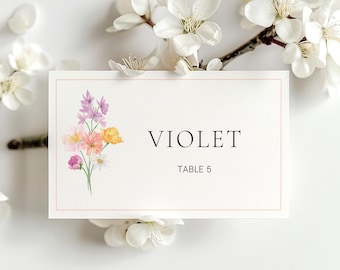 Floral Wedding Place Cards Template, Wedding Place Names, Watercolor Wildflower Name Cards, Flower Bouquet Escort Cards - EB1