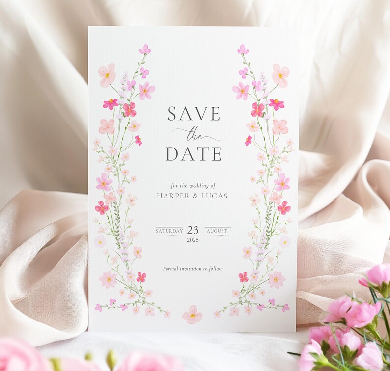 Op de afbeelding: Save the date-kaart met een roze bloemenrand. De kaart staat "Save the Date" voor de bruiloft van Harper & Lucas, zaterdag 23 augustus 2025. Formele uitnodiging volgt.