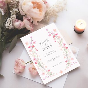 Op de afbeelding: Save the date-kaart met roze bloemenontwerp. De kaart staat "Save the Date" voor de bruiloft van Harper & Lucas, zaterdag 23 augustus 2025. Formele uitnodiging volgt.