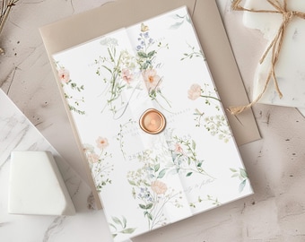 Printable Vellum Wrap with Watercolor Wildflowers and Monogram, DIY Vellum Fold Template, Modern Floral Vellum Jacket, Sage Blush Rose | BB1