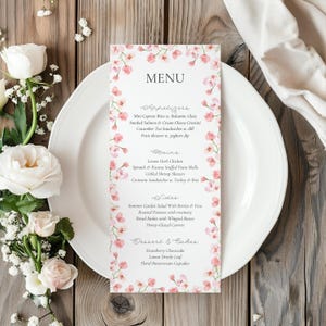 Plantilla de tarjeta de menú floral, menú de despedida de soltera colorido, menú de buffet imprimible, borde floral, menú de boda rosa, plantilla editable / PF2