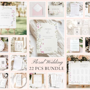 Op de afbeelding: Een set van 22 bloemige huwelijksuitnodigingen. De set bevat een welkomstbord, tafelnummers, een zitplaatskaart en andere afdrukbare items. Het ontwerp heeft een aquarelbloemenpatroon in roze, paarse en groene tinten.