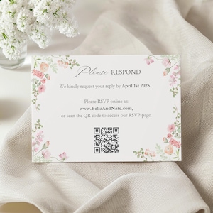 Rosa Pfingstrose Hochzeitseinladung Rsvp, Pastell Antwortkarte mit QR-Code, Hochzeitsantwortkarte, druckbare Antwortkarte für Hochzeit, Einladungskarte | PW1