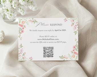 Pink Peony Wedding Invitation RSVP, Pastel RSVP With QR Code, Wedding Response Card, Printable Wedding Rsvp, Invitation Enclosure Card | PW1