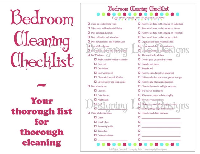 bedroom cleaning checklist pdf printable household | etsy