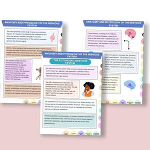 May include: Three educational posters detailing the anatomy and physiology of the nervous system. The posters cover topics such as the autonomic nervous system, with diagrams and text. The colour scheme includes blue, pink, and white, providing a clear visual aid.