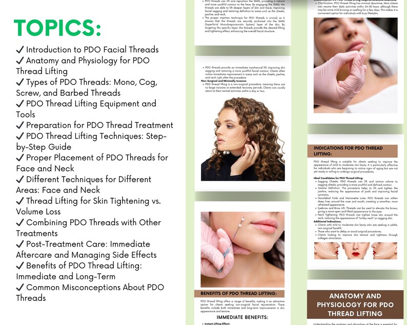 Puede incluir: Una infograf&iacute;a colorida sobre hilos PDO para el lifting facial. La infograf&iacute;a incluye temas como la introducci&oacute;n a los hilos PDO, la anatomie y la fisiolog&iacute;a, los tipos de hilos, las t&eacute;cnicas de lifting de hilos, los beneficios y los conceptos err&oacute;neos comunes. La infograf&iacute;a tambi&eacute;n incluye im&aacute;genes de una persona que recibe un tratamiento con hilos PDO.