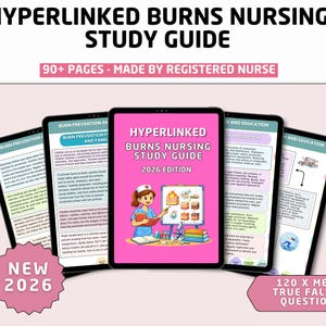 May include: A digital study guide titled "Hyperlinked Burns Nursing Study Guide 2026 Edition" is displayed on multiple tablets. The guide features burn prevention and education content, with the text "90+ pages - Made by Registered Nurse". A pink "New 2026" sticker is also visible.