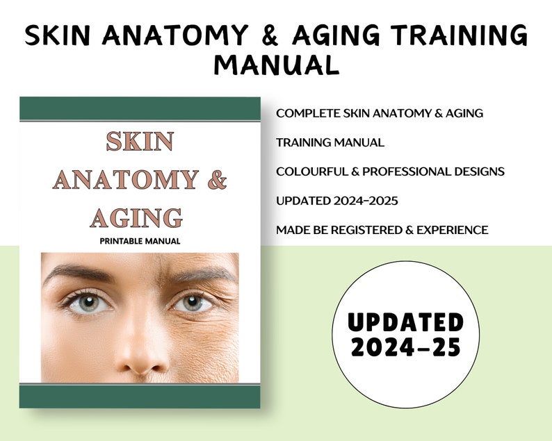 Op de afbeelding: Een printbare handleiding met de titel "Skin Anatomy & Aging" met een close-up van een vrouwengezicht dat het verschil laat zien tussen jonge en verouderende huid. De handleiding wordt beschreven als een complete handleiding voor huid anatomie en verouderingstraining met kleurrijke en professionele ontwerpen. Het is bijgewerkt voor 2024-2025 en geeft aan dat het is bedoeld voor geregistreerde en ervaren personen.