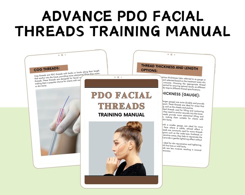 Puede incluir: Un manual de formaci&oacute;n para hilos PDO faciales. La portada presenta a una mujer con un mo&ntilde;o marr&oacute;n y un primer plano de un hilo. El manual incluye informaci&oacute;n sobre hilos COG y opciones de grosor y longitud de los hilos.