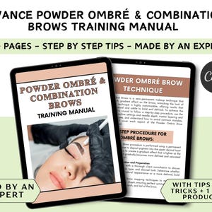 Puede incluir: Un manual de formación digital para cejas ombré en polvo y combinadas. La portada presenta un primer plano de la cara de una mujer con una ceja en proceso. El título es "Powder Ombré & Combination Brows Training Manual".