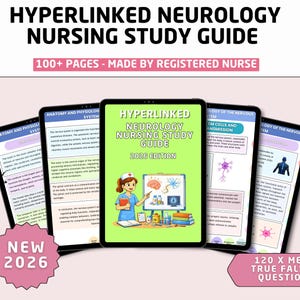 Puede incluir: Una guía de estudio digital para enfermería neurológica, con una portada verde que muestra el título "Hyperlinked Neurology Nursing Study Guide 2026 Edition". La imagen incluye varias tabletas que muestran materiales de estudio.
