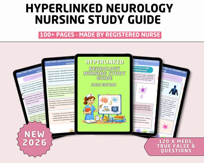 May include: A digital study guide for neurology nursing, with a green cover displaying the title "Hyperlinked Neurology Nursing Study Guide 2026 Edition." The image shows several tablets with study materials, and the text "100+ Pages - Made by Registered Nurse."