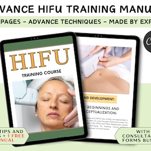 May include: A digital tablet displaying a training manual for HIFU, a non-invasive skin tightening treatment. The manual includes information on the history of HIFU, techniques, and tips. The image also shows a consultation form bundle.