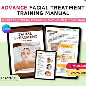 Może przedstawiać: Podręcznik szkoleniowy Advance Facial Treatment w formie cyfrowej do pobrania, zawierający ponad 50 stron technik krok po kroku. Podręcznik jest wyświetlany na trzech tabletach, pokazując okładkę z zabiegiem na twarz oraz strony z tekstem.