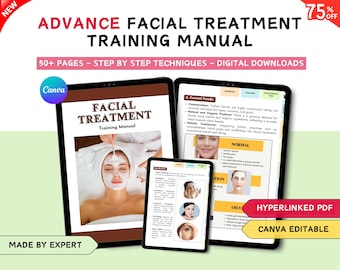 Facial Treatments Training Manual, Skincare Course, Beauty Guide, Hyperlinked PDF (Canva Editable)