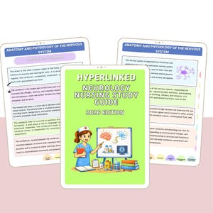 May include: A digital tablet shows a green cover with the text "HYPERLINKED NEUROLOGY NURSING STUDY GUIDE 2026 EDITION". The image features a cartoon nurse and brain illustrations. Two other tablets display anatomy diagrams.
