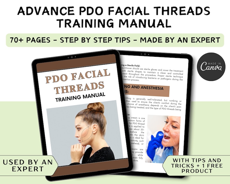 Puede incluir: Un manual de capacitaci&oacute;n digital para hilos faciales PDO. La portada presenta a una mujer con cabello casta&ntilde;o sobre un fondo marr&oacute;n. El t&iacute;tulo es "PDO Facial Threads Training Manual". El texto "70+ Pages - Step by Step Tips - Made by an Expert" est&aacute; debajo del t&iacute;tulo. El texto "Used by an Expert" est&aacute; en la esquina inferior izquierda. El texto "With Tips and Tricks + 1 Free Product" est&aacute; en la esquina inferior derecha.