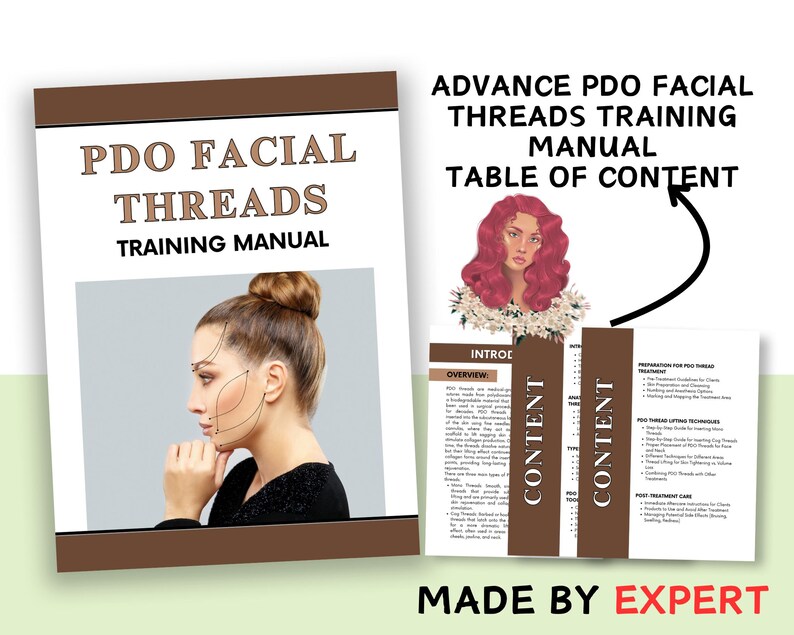 Puede incluir: Un manual de capacitaci&oacute;n para hilos faciales PDO. La portada presenta a una mujer con un mo&ntilde;o marr&oacute;n y un diagrama de hilos faciales. La tabla de contenido incluye secciones sobre preparaci&oacute;n, t&eacute;cnicas de levantamiento de hilos PDO y cuidado posterior al tratamiento.