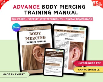 Puede incluir: Un manual de formación en piercing corporal en descarga digital con más de 70 páginas de técnicas paso a paso. El PDF con hipervínculos incluye secciones sobre anatomía, fisiología y estructura de la piel, mostrado en pantallas de tabletas.