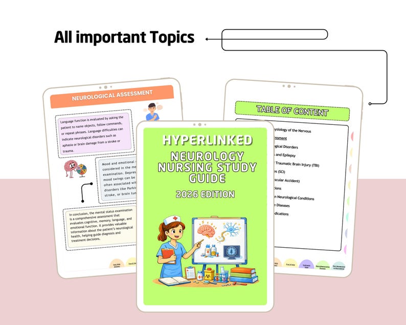 May include: Digital illustration of a neurology nursing study guide. The cover shows a nurse pointing to a brain diagram. The guide is labelled "Hyperlinked Neurology Nursing Study Guide 2026 Edition". Other screens show neurological assessment and table of contents.