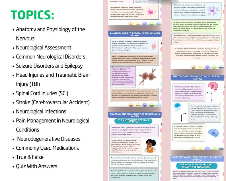 May include: Educational infographic about the nervous system, with diagrams and text. Topics include anatomy, neurological disorders, and treatments. The image has a white background with colourful illustrations and text.