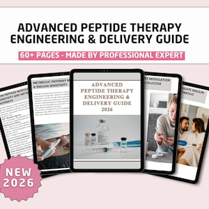 May include: An advertisement for a guide on advanced peptide therapy engineering and delivery. The guide is displayed on several tablets, with the title "ADVANCED PEPTIDE THERAPY ENGINEERING & DELIVERY GUIDE 2026". The image includes text that says "60+ PAGES - MADE BY PROFESSIONAL EXPERT".