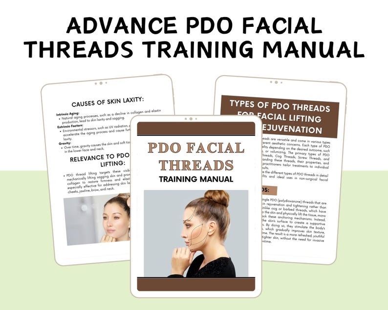 Puede incluir: Un manual de entrenamiento para hilos PDO faciales, con una portada marr&oacute;n y blanca. La portada presenta el texto "PDO Facial Threads Training Manual" y una imagen de una mujer con un mo&ntilde;o, recibiendo un tratamiento de hilos PDO. El manual cubre las causas de la flacidez de la piel, la relevancia del lifting PDO y los tipos de hilos PDO para el lifting facial y la rejuvenaci&oacute;n.