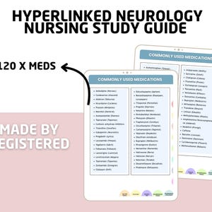 May include: A digital study guide for neurology nursing, with the text "HYPERLINKED NEUROLOGY NURSING STUDY GUIDE". It displays a list of commonly used medications. The text "120 X MEDS" and "MADE BY REGISTERED" are also visible.