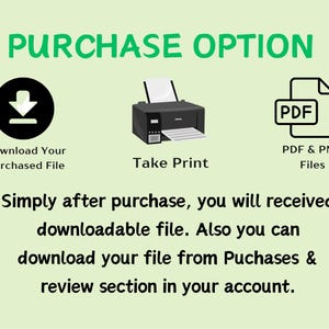Puede incluir: Ilustraci&oacute;n de tres opciones de compra: descargar un archivo digital, imprimir el archivo o descargar archivos PDF y PNG. El texto dice: "PURCHASE OPTION", "Download Your Purchased File", "Take Print", "PDF", "PDF & PNG Files", "Simplemente despu&eacute;s de la compra, recibir&aacute; un archivo descargable. Tambi&eacute;n puede descargar su archivo desde la secci&oacute;n de Compras y rese&ntilde;as en su cuenta."