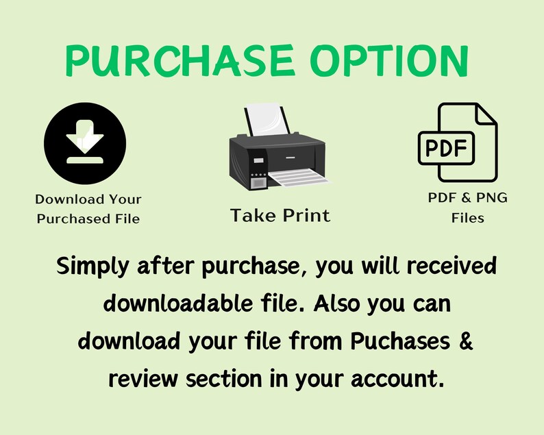 Puede incluir: Ilustraci&oacute;n de tres opciones de compra: descargar un archivo digital, imprimir el archivo o descargar archivos PDF y PNG. El texto dice: "PURCHASE OPTION", "Download Your Purchased File", "Take Print", "PDF", "PDF & PNG Files", "Simplemente despu&eacute;s de la compra, recibir&aacute; un archivo descargable. Tambi&eacute;n puede descargar su archivo desde la secci&oacute;n de Compras y rese&ntilde;as en su cuenta."