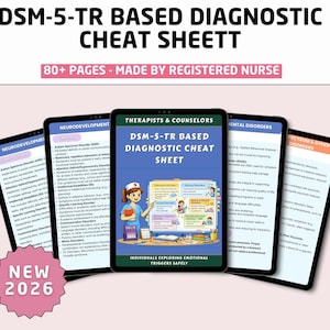 May include: A digital cheat sheet for therapists and counselors, based on the DSM-5-TR diagnostic criteria. The cover features a nurse illustration. The text reads "DSM-5-TR Based Diagnostic Cheat Sheet" and "80+ Pages - Made by Registered Nurse". A pink "NEW 2026" sticker is also visible.