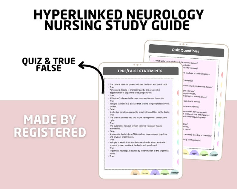 May include: Two digital tablets showing a neurology nursing study guide. The text reads "Hyperlinked Neurology Nursing Study Guide" and "Quiz & True False". One tablet displays true/false statements, the other shows quiz questions.