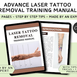 Puede incluir: Un manual de entrenamiento digital para la eliminación de tatuajes con láser. La portada presenta un fondo marrón con el título "Manual de entrenamiento para la eliminación de tatuajes con láser" en texto blanco. El manual tiene más de 70 páginas e incluye consejos paso a paso. El manual está hecho por un experto y es utilizado por un experto.