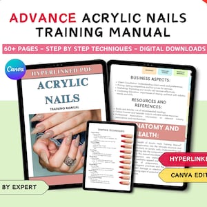 May include: An Advance Acrylic Nails Training Manual digital download featuring 60+ pages of step-by-step techniques. The hyperlinked PDF includes sections on business aspects, resources, and nail anatomy, with visual guides for various nail shapes.