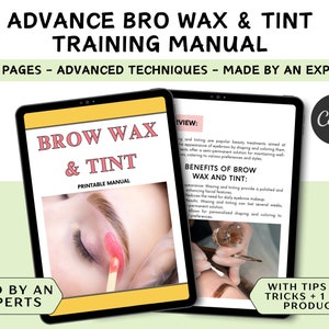 Könnte beinhalten: Ein digitales Schulungsmanual für Augenbrauen-Wachsen und Färben. Das Cover zeigt eine Nahaufnahme eines Frauenauges mit einer rosa Tönung auf der Augenbraue. Der Titel des Handbuchs lautet "Brow Wax & Tint Printable Manual". Das Handbuch wird als "50+ Seiten - Fortgeschrittene Techniken - Erstellt von einem Experten" beschrieben.