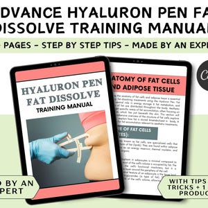 May include: A pink and white training manual titled "Hyaluron Pen Fat Dissolve Training Manual" with a photo of a person having their body fat measured with calipers. The manual is 70+ pages and includes step-by-step tips made by an expert. The manual is used by an expert and includes tips and tricks plus one free product.