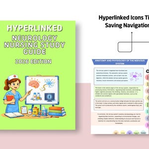 May include: A green spiral-bound book with the title "HYPERLINKED NEUROLOGY NURSING STUDY GUIDE 2026 EDITION." The cover shows a cartoon nurse and a whiteboard with brain and neuron diagrams. The text "Hyperlinked Icons Time Saving Navigation" is also visible.