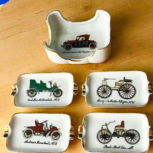 Vintage Cinzeiros para cartas/ponte em suporte com carros antigos, porcelana.