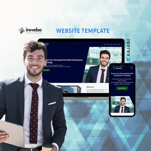 Pode incluir: Um modelo de site com o texto "WEBSITE TEMPLATE" em azul. A imagem mostra um homem de terno, um laptop exibindo um site e um smartphone com o mesmo design de site. O site promove crescimento pessoal e coaching de negócios.