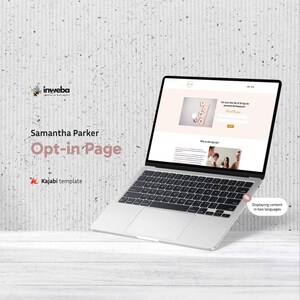 Puede incluir: Un portátil plateado que muestra una página de suscripción con el texto "¡Obtén tu lista gratuita de 20 consejos para el desarrollo personal!" y "Samantha Parker Opt-in Page". Se muestra la plantilla de Kajabi. La imagen también muestra contenido en dos idiomas.